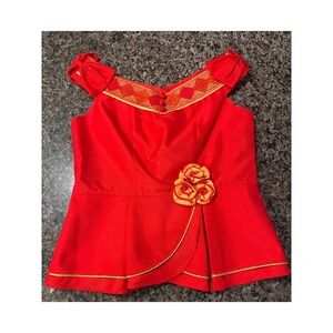Vintage Red Gold Embroidered Peplum Top Off Shoulder Bows Floral Accent Sz 36